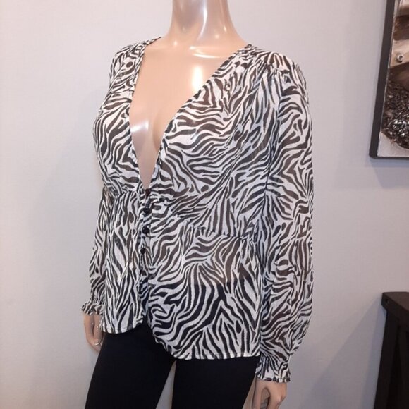 CREAM Zebra Print Blouse Long Sleeve Sheer Plunging Vneck Flowy Buttoned Front - Picture 4 of 15